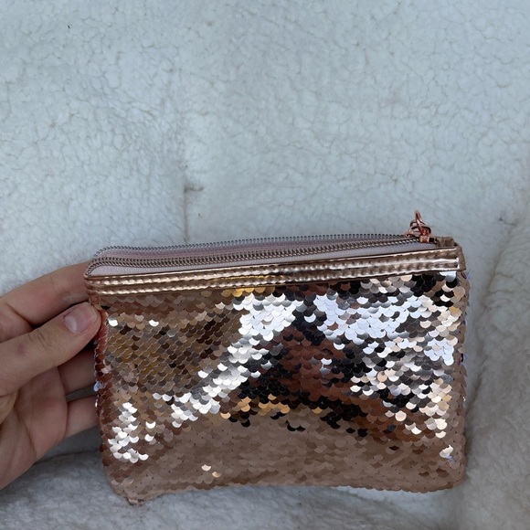 Sequin Rose Gold Clutch Macy's Rose Gold Sequined Cosmetic Pouch - Picture 1 of 9